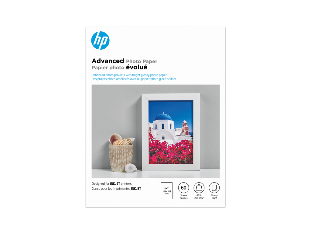 HP Advanced Photo Paper, Glossy, 65 lb, 5 x 7 in. (127 x 178 mm), 60 sheets